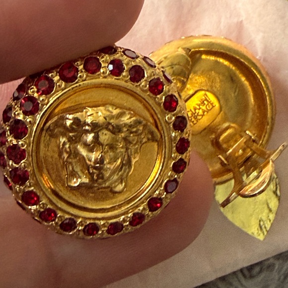Gianni Versace Elegant Gold and Red Medusa Head Earrings
